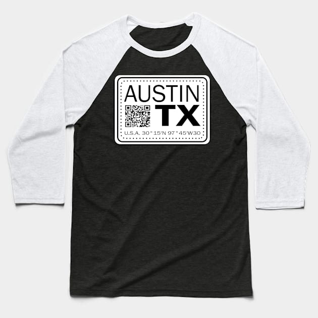 New Vintage Travel Location Qr Austin TX Baseball T-Shirt by SimonSay